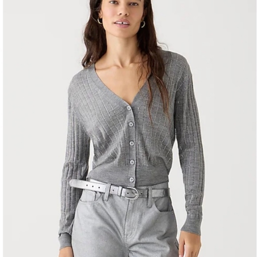J Crew Grey Ribbed Sparkle Embellished V-Neck Crop Cardigan Sweater Women S Wool